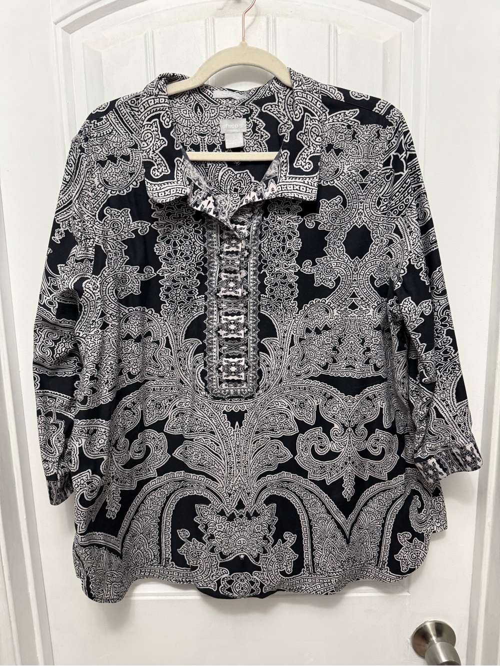 Chicos Blouse Women's sz 3 XLarge Button Boho Paisley Blue White (2-5)